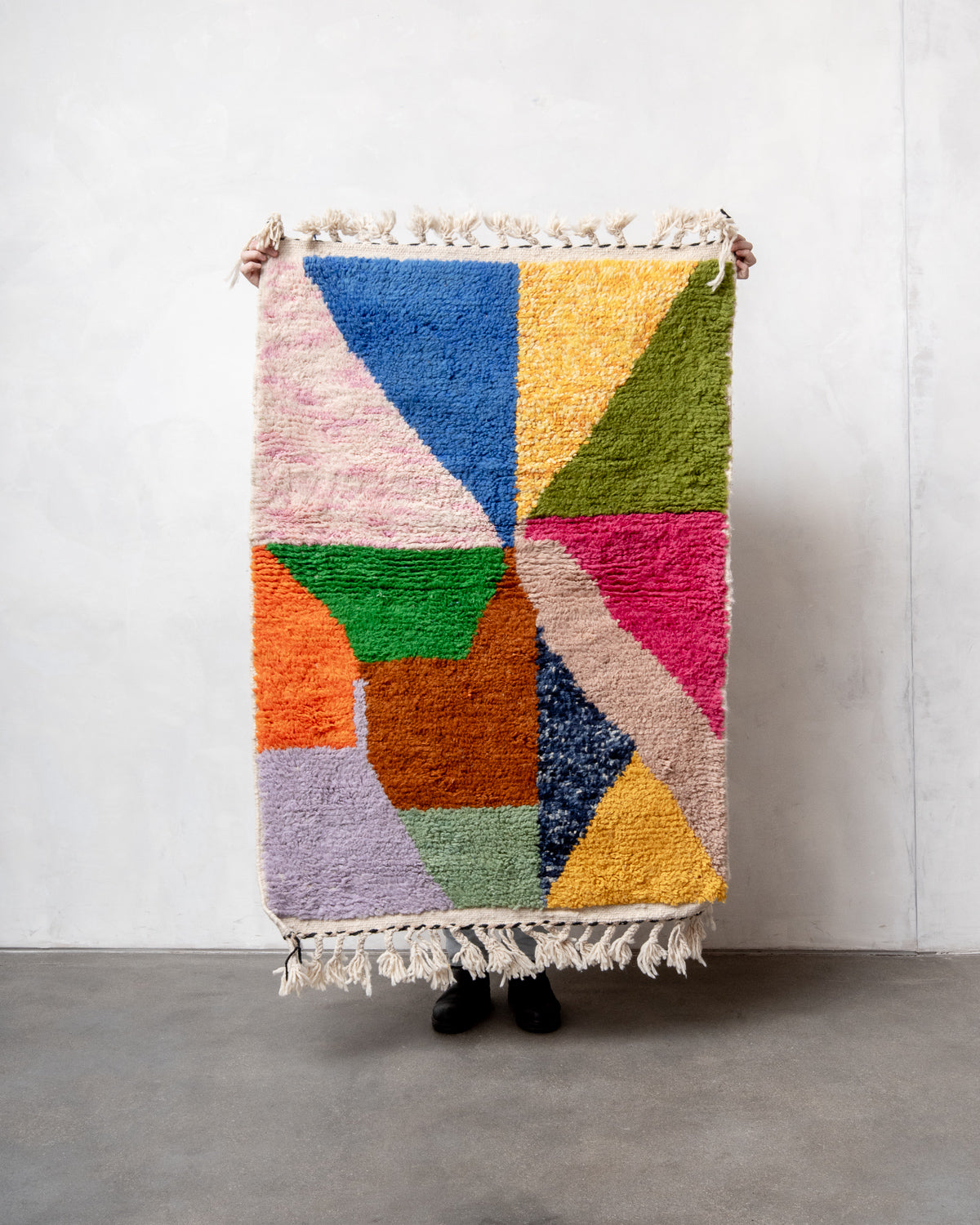 Modern, designer, handcrafted Berber rug from Morocco. Beniourain carpet with beautiful colours and patterns and fluffy wool texture.